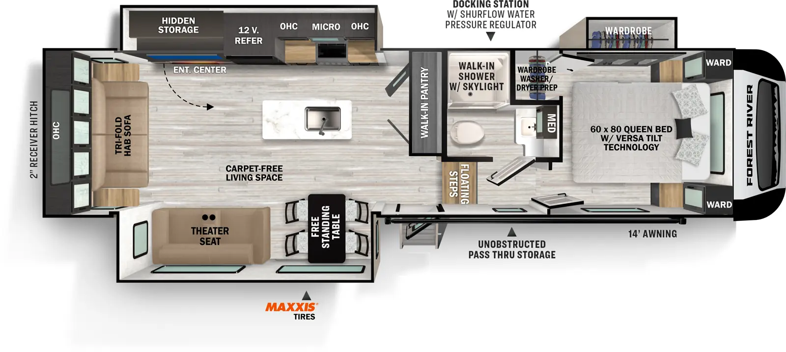 The Impression 280RL has one entry and three slide outs. Exterior features include: fiberglass exterior and 14' awning. Interiors features include: kitchen island, free-standing dinette option, front bedroom and rear living.